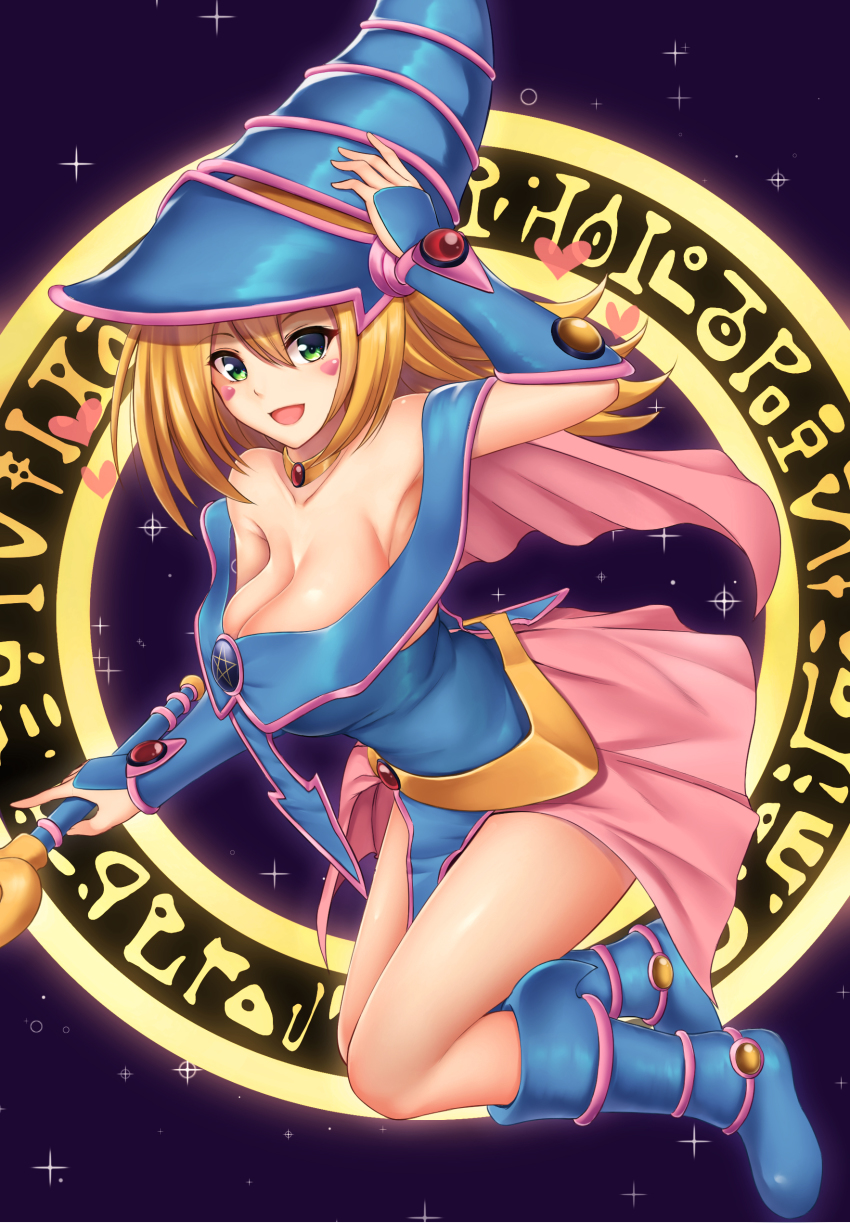 1girl absurdres bare_shoulders blonde_hair blue_dress blue_footwear blue_hat blush blush_stickers boots breasts cleavage collarbone dark_magical_circle dark_magician_girl detached_sleeves dress duel_monster green_eyes hair_between_eyes hat highres knee_boots large_breasts long_hair looking_at_viewer open_mouth pentagram pink_skirt satosi skirt smile solo sparkle staff thighs witch_hat wizard_hat yu-gi-oh! yu-gi-oh!_duel_monsters