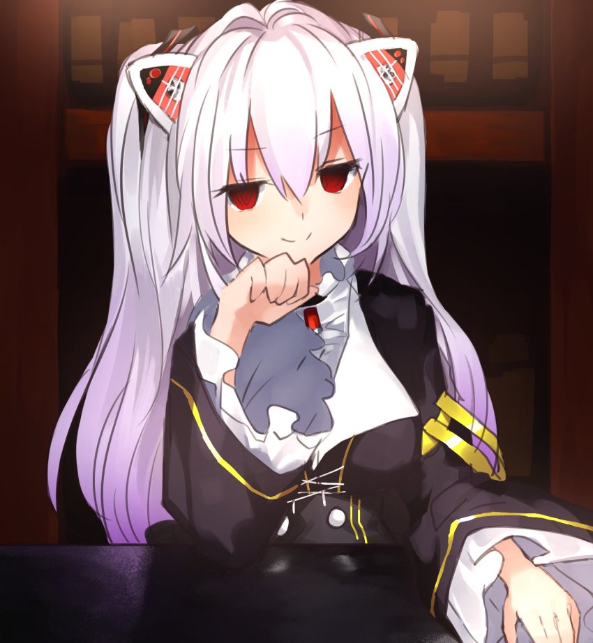 1girl animal_ears black_dress blush buran_buta cat_ears dress female_focus hair_between_eyes highres long_hair long_sleeves looking_at_viewer nora_cat nora_cat_channel red_eyes silver_hair smile solo virtual_youtuber