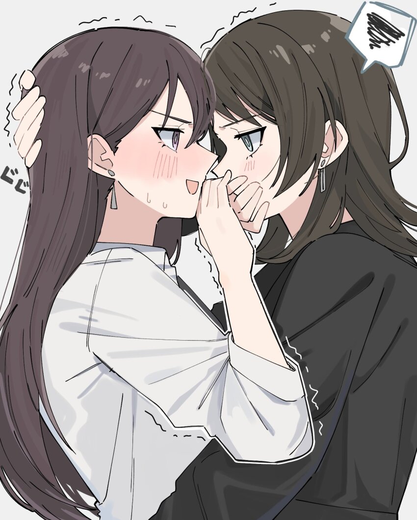 2girls bang_dream! bang_dream!_it&#039;s_mygo!!!!! black_hair black_jacket blue_eyes blush brown_hair covering_another&#039;s_mouth eye_contact hand_on_another&#039;s_head highres hug jacket long_hair looking_at_another medium_hair multiple_girls nanami_(nunnun_0410) purple_eyes rejected_kiss shiina_taki sleeves_past_elbows spoken_squiggle squiggle trembling upper_body white_jacket yahata_umiri yuri