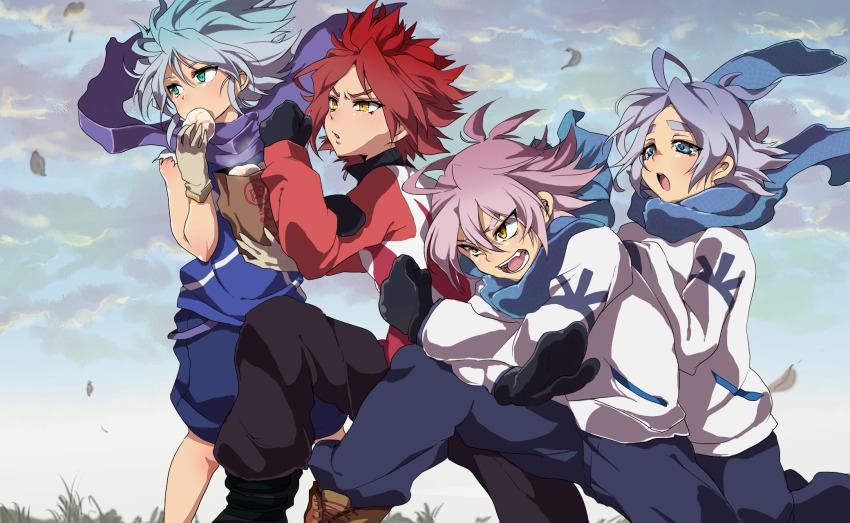 4boys bad_id bad_pixiv_id baozi blue_eyes blue_scarf eating food fubuki_atsuya fubuki_shirou gloves hakuren highres inazuma_eleven inazuma_eleven_(series) male_focus mataro_(matarou) multiple_boys nagumo_haruya open_mouth purple_scarf red_hair scarf short_hair suzuno_fuusuke yellow_eyes