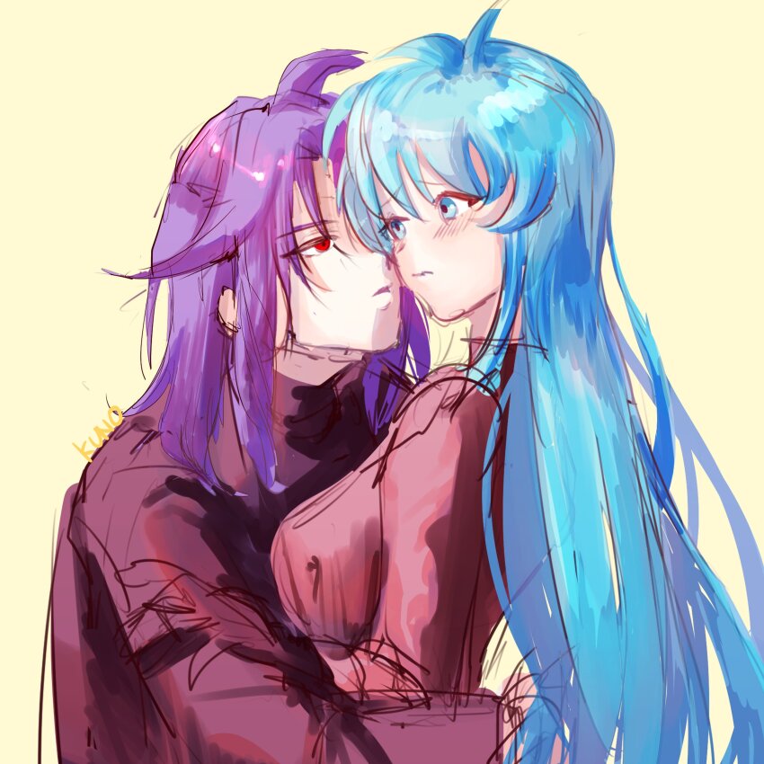 1boy 1girl absurdres blue_hair blush eirika_(fire_emblem) fire_emblem fire_emblem:_the_sacred_stones highres hug imminent_kiss lyon_(fire_emblem) nanashi_kuno nintendo red_eyes sketch sweater