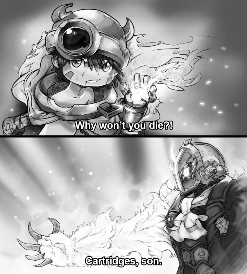 2boys 2koma bondrewd comic english_text facial_mark fake_horns greyscale hair_between_eyes helmet highres horned_helmet horns looking_at_viewer made_in_abyss male_focus mechanical_arms meme metalmorag monochrome multiple_boys nanomachines_son!_(meme) reg_(made_in_abyss) spoilers