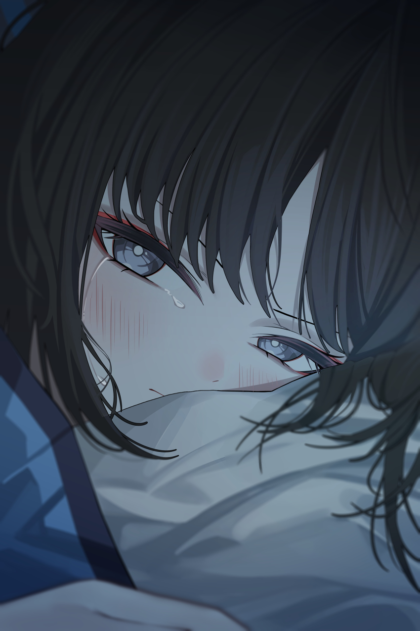 1girl absurdres black_hair blue_archive blue_haori blush closed_mouth crying grey_eyes hair_between_eyes haori head_on_pillow head_only highres japanese_clothes kikyou_(blue_archive) long_hair looking_at_viewer sidelocks streaming_tears tears winterflower