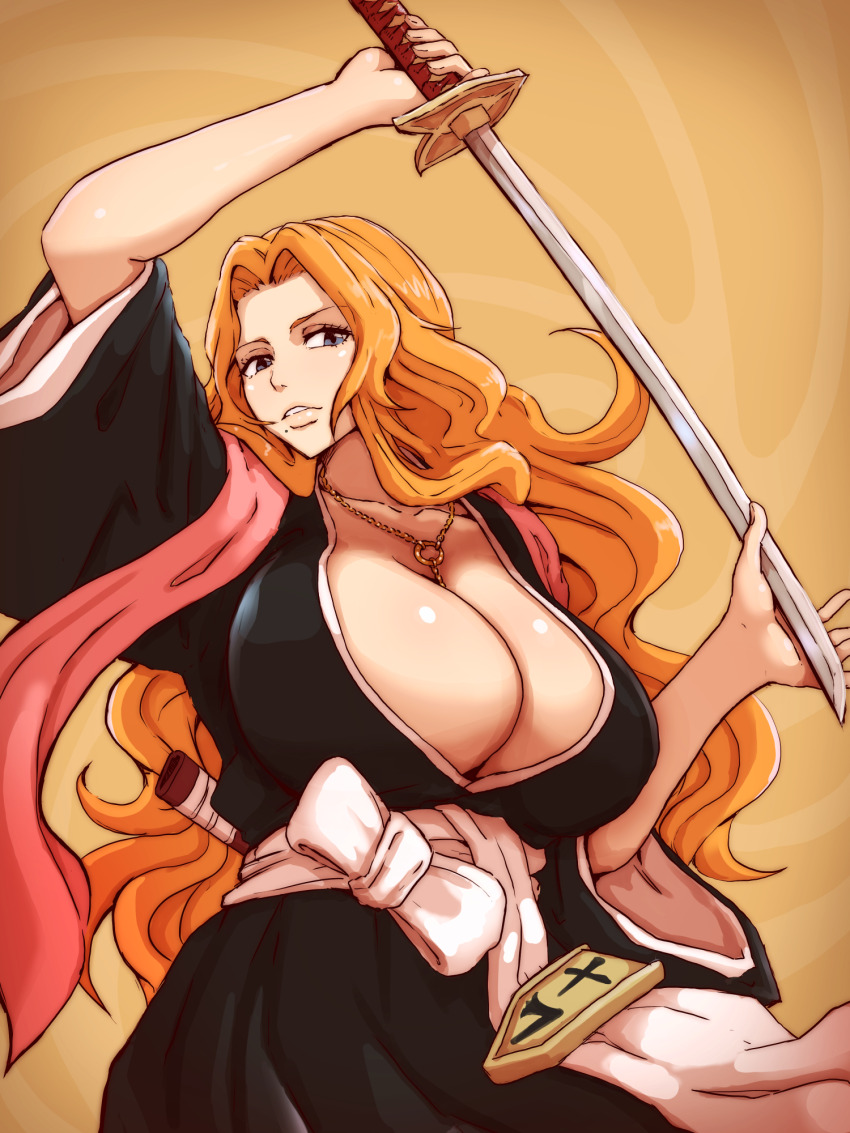 1girl artist_request bleach blue_eyes breasts highres huge_breasts large_penis long_hair matsumoto_rangiku mole mole_under_mouth orange_hair penis pink_shawl shawl shihakusho solo zanpakutou