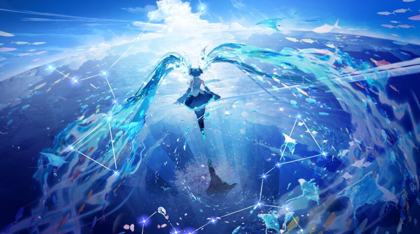 1girl absurdly_long_hair arms_at_sides bare_shoulders black_skirt black_sleeves black_thighhighs blue_hair blue_sky cloud collared_shirt cumulonimbus_cloud detached_sleeves facing_away fish from_behind hatsune_miku highres horizon liquid_hair long_hair long_sleeves makoron117117 miniskirt pleated_skirt reflection scenery shirt skirt sky sleeveless sleeveless_shirt solo stratosphere thighhighs twintails very_long_hair vocaloid white_shirt wide_shot zettai_ryouiki