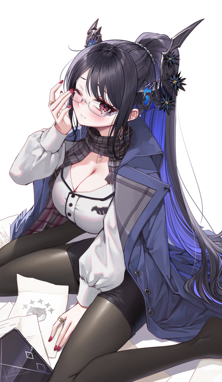 1girl asymmetrical_horns black_hair black_pantyhose black_scarf black_skirt blue_coat blue_hair breasts coat coat_on_shoulders collared_shirt colored_inner_hair commentary_request curry_bowl earrings fallen_down flower gold_necklace hand_up high-waist_skirt highres hololive hololive_english horn_flower horns jewelry large_breasts long_hair long_sleeves looking_at_viewer mole mole_under_eye multicolored_hair nail_polish necklace nerissa_ravencroft nerissa_ravencroft_(3rd_costume) official_alternate_costume official_alternate_hairstyle one_eye_closed open_clothes open_coat pantyhose pencil_skirt ponytail red_eyes red_nails ring scarf shirt simple_background skirt slit_pupils solo swept_bangs uneven_horns very_long_hair virtual_youtuber white_background white_shirt