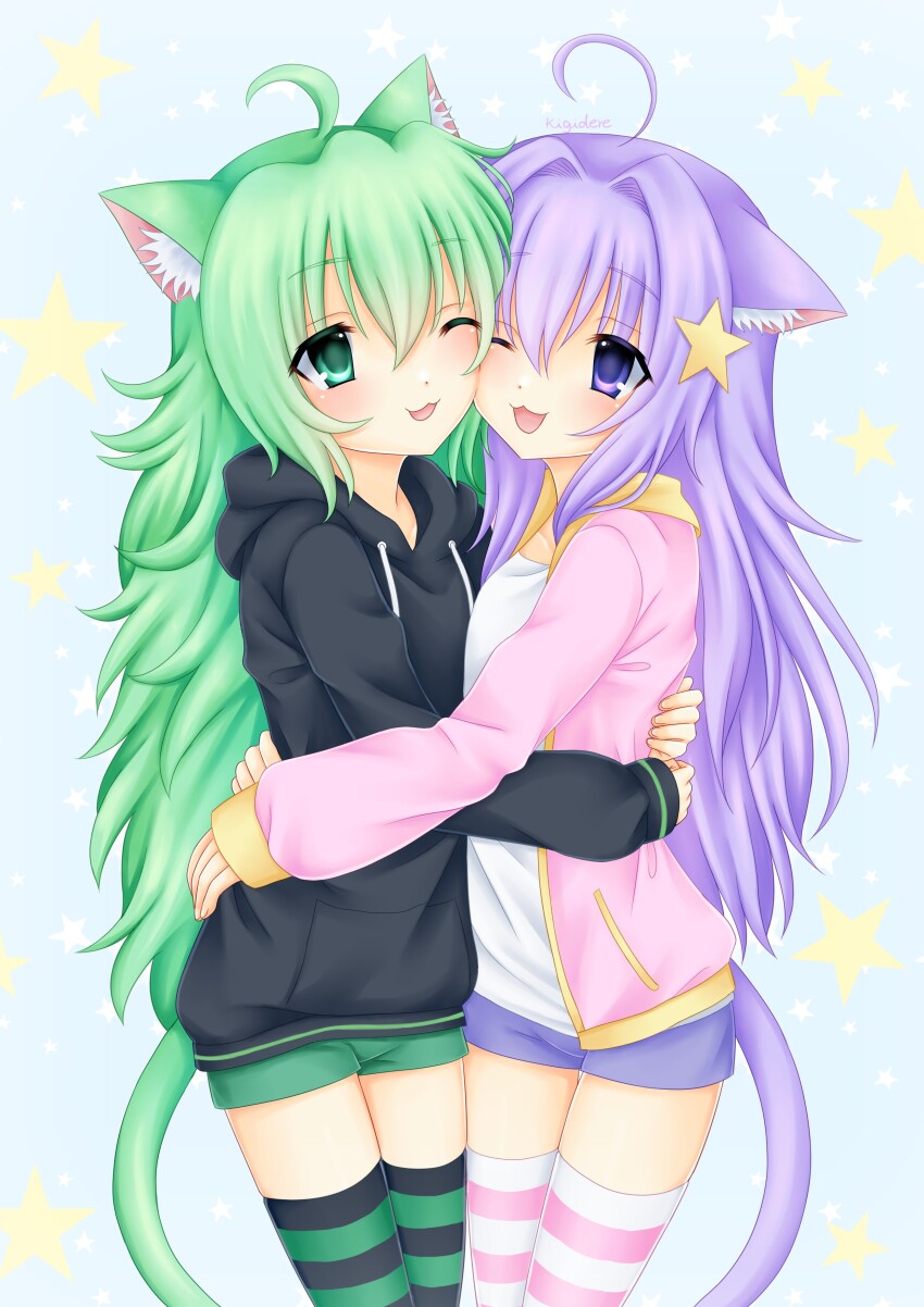 2girls absurdres ahoge animal_ear_fluff animal_ears artist_name black_hoodie cat_ears cat_girl cat_tail cheek-to-cheek dimden_(character) drawstring green_eyes green_hair green_shorts green_thighhighs hair_intakes hair_ornament heads_together highres hood hood_down hoodie hug jacket kigidere long_hair long_sleeves multiple_girls one_eye_closed open_clothes open_jacket open_mouth original pink_jacket pink_thighhighs purple_eyes purple_hair purple_shorts shirt short_shorts shorts smile standing star_(symbol) star_hair_ornament striped_clothes striped_thighhighs tail thighhighs very_long_hair white_shirt