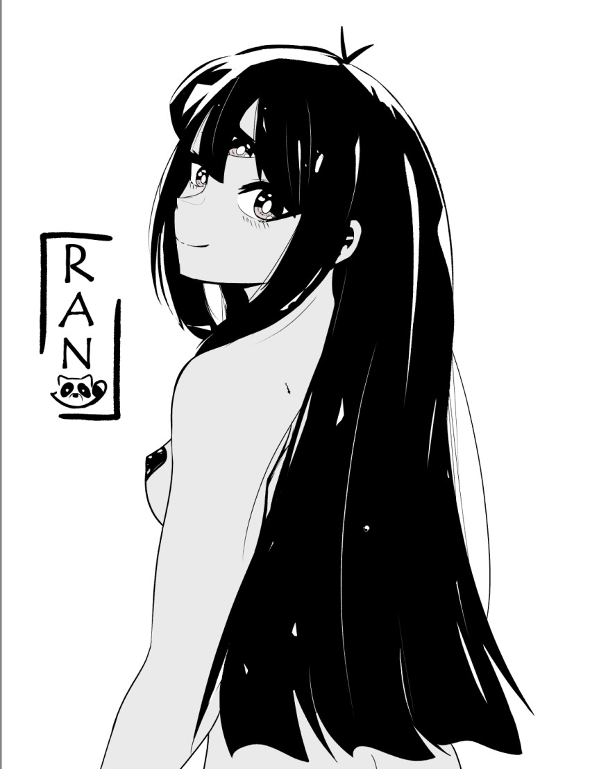 black_hair censored_nipples dark-skinned_female dark_skin happy highres long_hair monochrome ran_sk simple_background third_eye