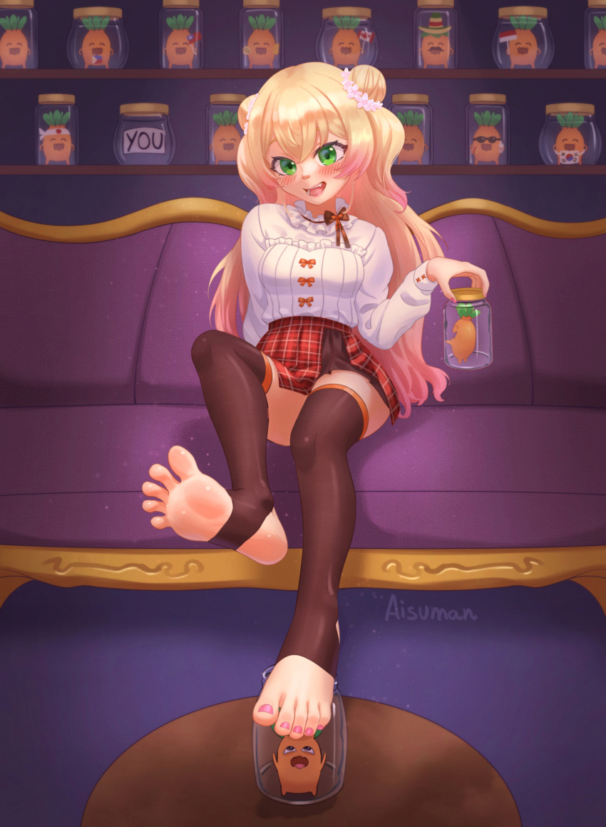 1girl absurdres aisuman artist_name black_thighhighs blonde_hair blush bow brown_bow couch double_bun feet female_focus flower foot_focus foreshortening full_body gradient_hair green_eyes hair_bun hair_flower hair_ornament highres holding holding_jar hololive jar leg_up lips long_hair long_sleeves looking_at_viewer momosuzu_nene multicolored_hair nail_polish open_mouth pink_hair pink_nails plaid_clothes plaid_skirt red_skirt shirt sitting skirt smile soles solo stirrup_legwear teeth thighhighs thighs toeless_legwear toenail_polish toenails toes virtual_youtuber white_shirt