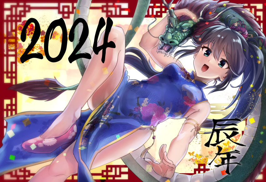 1girl 2024 :d absurdres aqua_eyes black_hair blue_dress breasts china_dress chinese_clothes chinese_zodiac commentary_request dragon dress dutch_angle floral_print hair_between_eyes high_heels highres long_hair looking_at_viewer mashitono_desu medium_breasts open_mouth pelvic_curtain pink_footwear ponytail print_dress side_slit sidelocks sleeveless sleeveless_dress smile solo standing standing_on_one_leg thighs toji_no_miko yamashiro_yui year_of_the_dragon