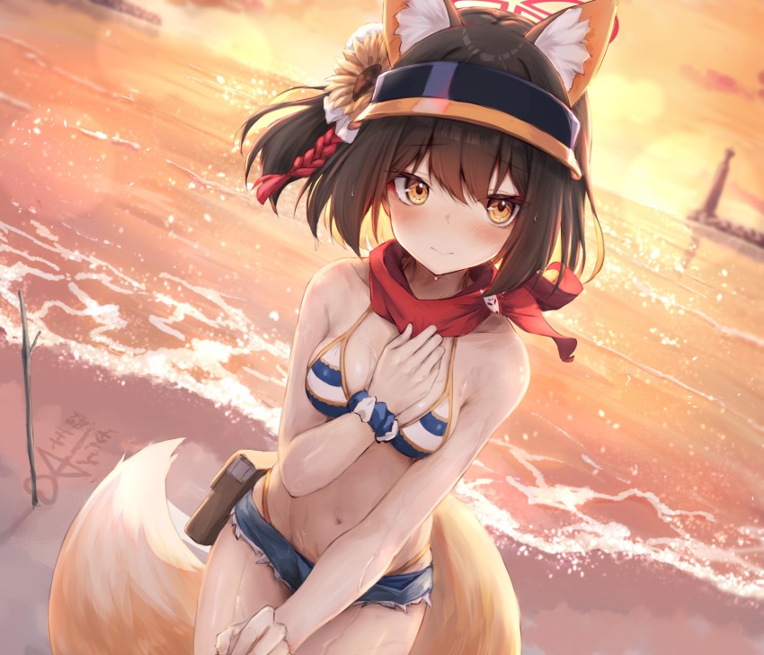 1girl animal_ears beach bikini black_hair blue_archive blue_shorts blush breasts closed_mouth cowboy_shot denim denim_shorts dutch_angle fox_ears fox_tail halo highres inre_kemomimi izuna_(blue_archive) izuna_(swimsuit)_(blue_archive) looking_at_viewer navel ocean official_alternate_costume outdoors red_halo red_scarf scarf short_hair short_shorts shorts small_breasts smile solo striped_bikini striped_clothes swimsuit tail yellow_eyes