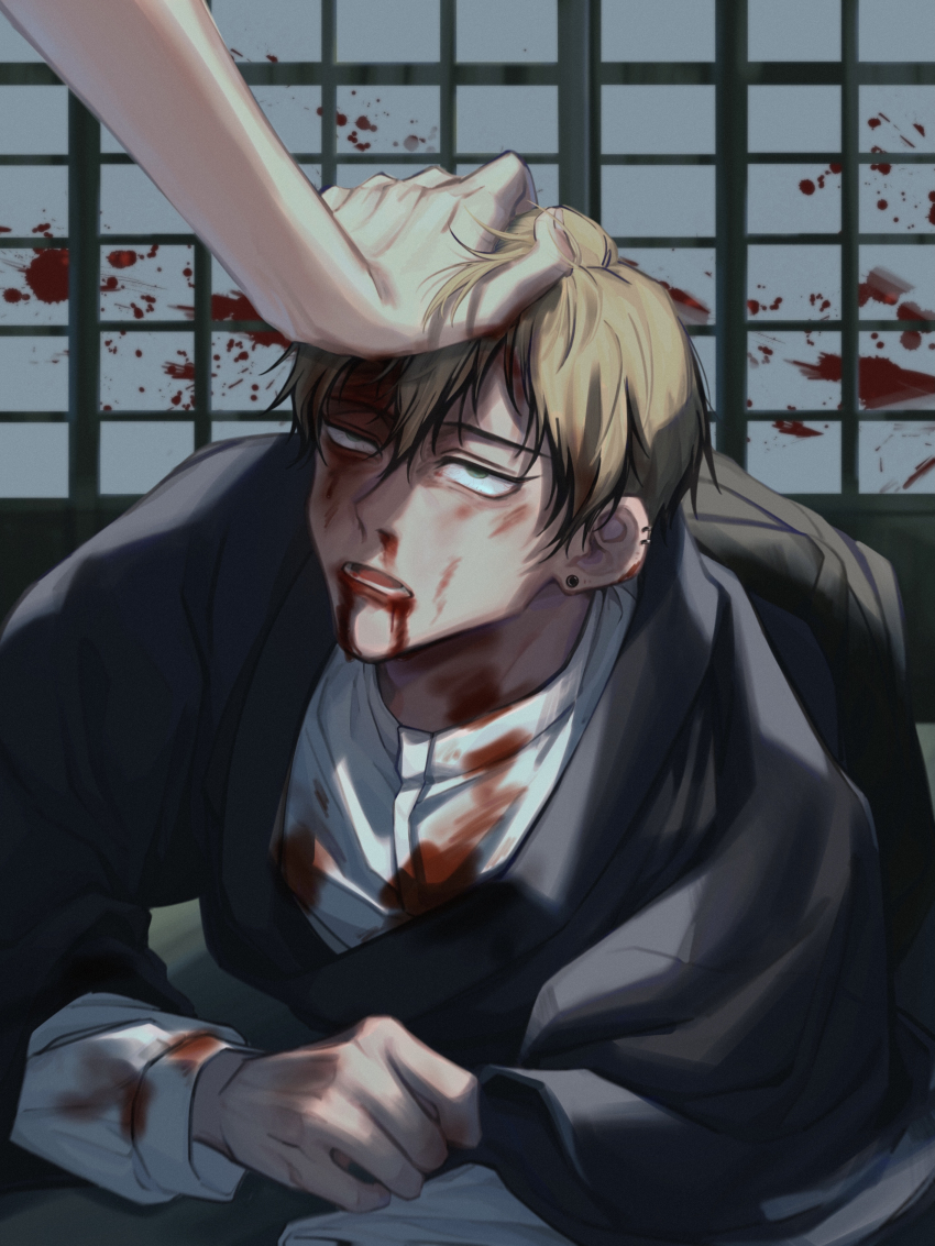 1boy 1other 759671819 absurdres black_hair black_kimono blonde_hair blood blood_in_hair blood_on_arm blood_on_clothes blood_on_face blood_splatter blood_stain colored_tips earrings grabbing_another&#039;s_hair hakama highres implied_injury japanese_clothes jewelry jujutsu_kaisen kimono long_sleeves male_focus multicolored_hair nosebleed on_ground pants shirt short_hair zen&#039;in_naoya