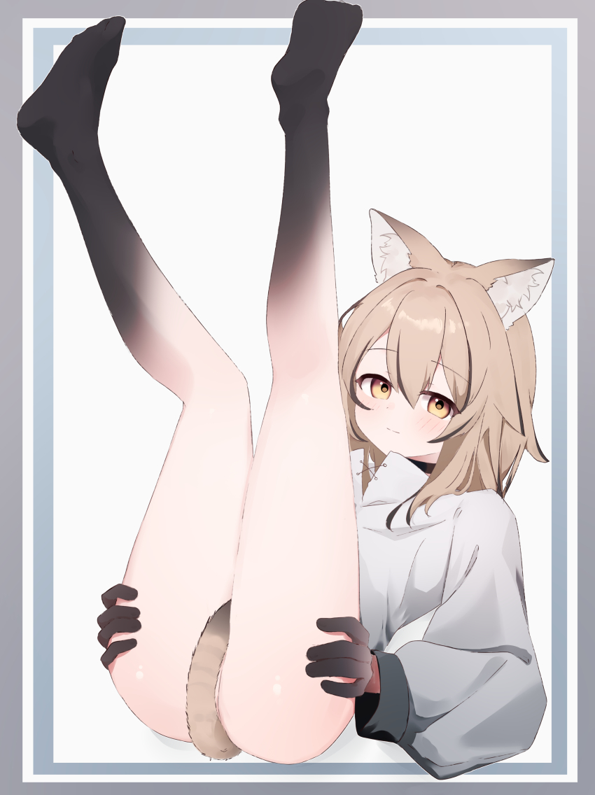 1girl absurdres animal_ears ass barefoot between_legs bottomless brown_hair cat_ears cat_girl cat_tail dark-skinned_female dark_skin expressionless full_body gradient_skin hands_on_own_thighs highres legs_up light_brown_hair long_sleeves looking_at_viewer medium_hair multicolored_hair original riya_(01214) shirt streaked_hair tail tail_between_legs tail_censor two-tone_hair white_background white_shirt