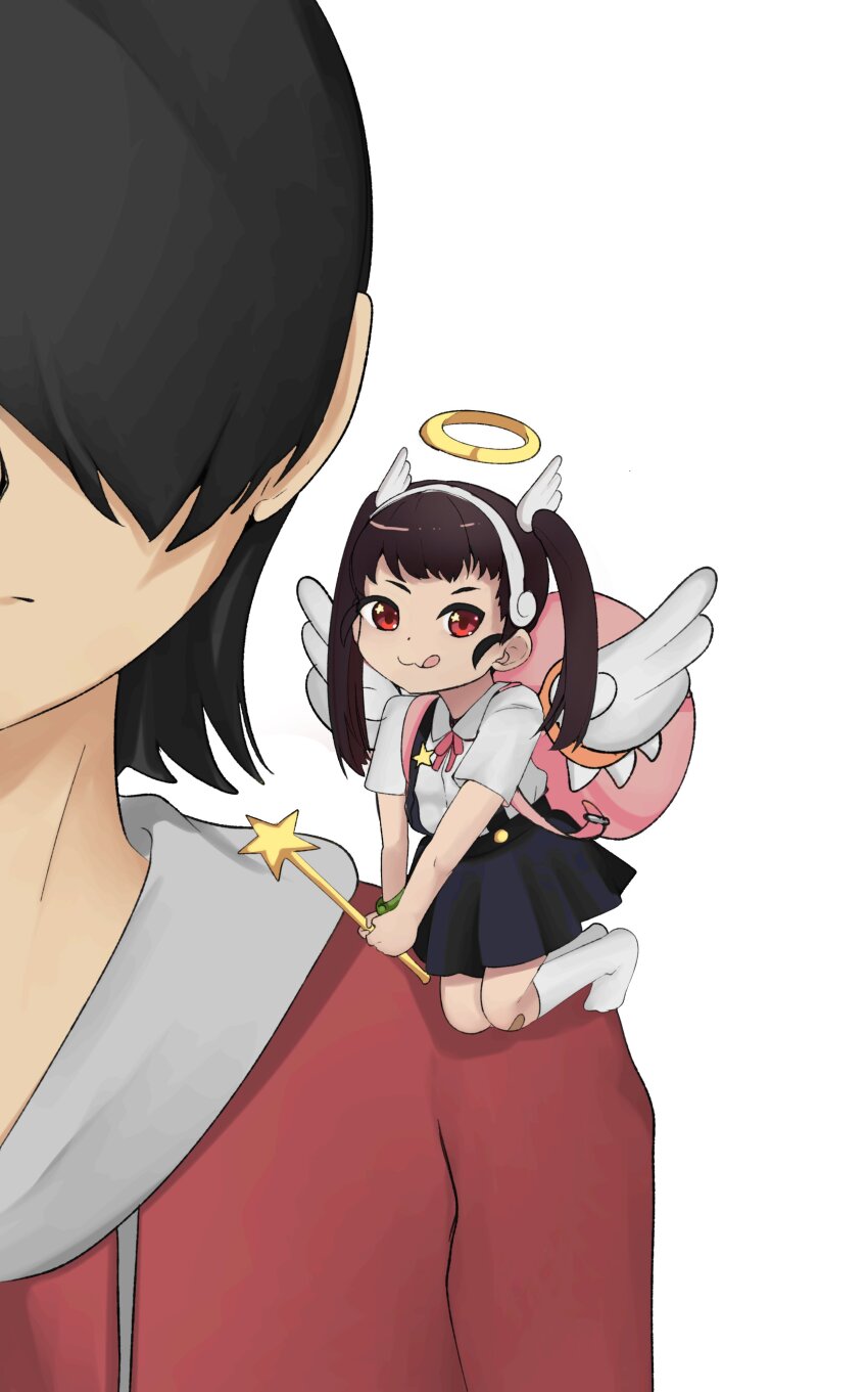 absurdres araragi_koyomi backpack bag hachikuji_mayoi halo highres holding holding_wand meemz_a monogatari_(series) shoulder_angel tagme wand