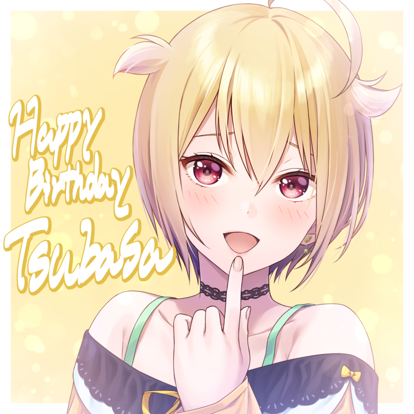 1girl :d ahoge bare_shoulders black_choker black_shirt blonde_hair blush border bow character_name choker collarbone commentary_request earrings finger_to_mouth fingernails gradient_background hair_between_eyes hair_flaps hand_up happy_birthday highres ibuki_tsubasa idolmaster idolmaster_million_live! jewelry long_sleeves looking_at_viewer nanaran off-shoulder_shirt off_shoulder open_mouth outside_border portrait raised_eyebrows red_eyes ribbon shirt short_hair smile solo star_(symbol) star_earrings two-tone_shirt white_border yellow_background yellow_bow yellow_ribbon yellow_shirt