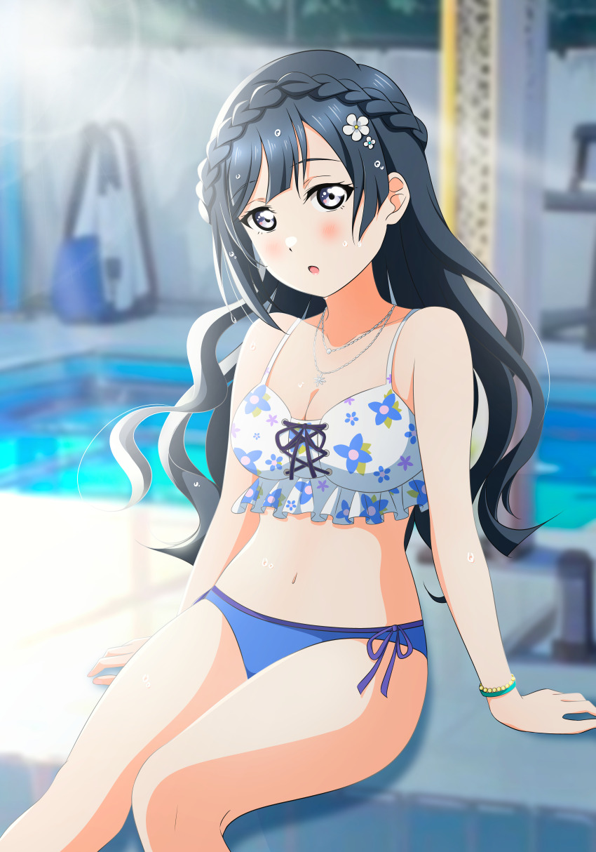 1girl absurdres birthday black_hair grey_eyes highres kujo_awenn long_hair love_live! love_live!_nijigasaki_high_school_idol_club sitting solo swimsuit yuki_setsuna