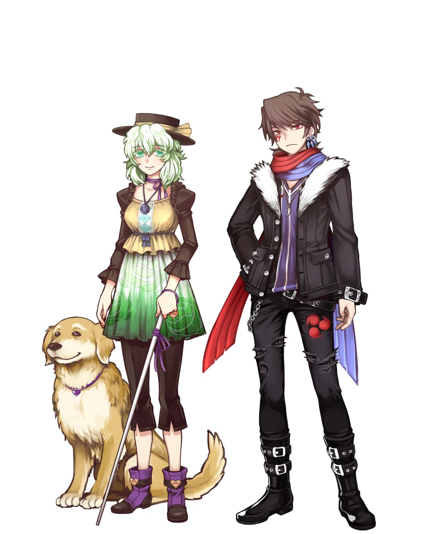 1boy 1girl absurdres adapted_costume alternate_costume amaguri_(2niso2) belt black_hair blind boots bracelet cane choker collar contemporary dog ear_piercing floral_print full_body fur_trim genderswap genderswap_(ftm) green_eyes green_hair hat hat_ribbon highres houjuu_nue jacket jewelry komeiji_koishi long_sleeves looking_at_viewer necklace pants piercing puffy_sleeves red_eyes ribbon ribbon_choker scarf shirt short_hair simple_background smile touhou white_background white_cane