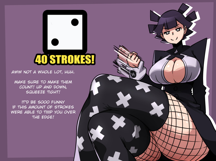 1girl absurdres breasts cleavage cleavage_cutout clothing_cutout crossed_legs dice english_text fishnets handjob_gesture highres jerk_off_instructions large_breasts looking_at_viewer mosbles motion_lines pov smile thick_thighs thighhighs thighs