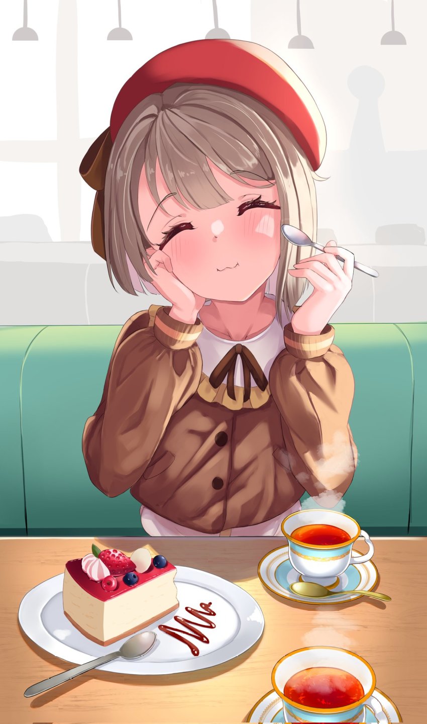 1girl beret brown_hair brown_sweater cheesecake closed_eyes cup eating food hat highres linatai long_sleeves love_live! love_live!_nijigasaki_high_school_idol_club nakasu_kasumi restaurant shirt short_hair sitting solo spoon sweater table tea teacup white_shirt