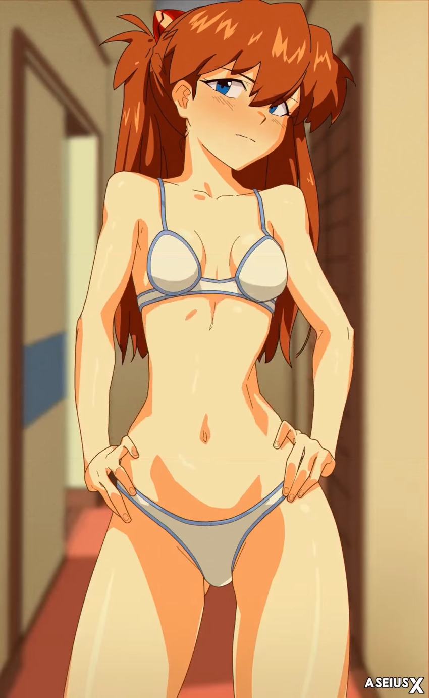 1girl artist_name aseiusx blue_eyes blush bra breasts cleavage hands_on_own_hips highleg highleg_panties highres legs long_hair looking_at_viewer medium_breasts navel neon_genesis_evangelion orange_hair panties solo souryuu_asuka_langley stitched thighs third-party_edit twintails underwear white_bra white_panties wide_hips