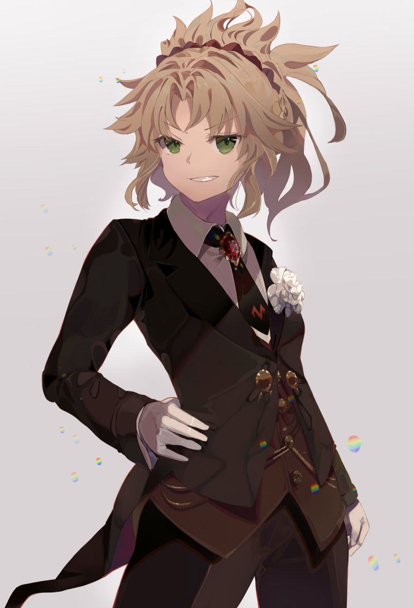 1girl absurdres blonde_hair fate/apocrypha fate/grand_order fate_(series) gloves green_eyes hair_intakes hand_on_own_hip heroic_spirit_formal_dress highres long_hair looking_at_viewer mordred_(fate) mordred_(fate/apocrypha) mordred_(formal_dress)_(fate) necktie ponytail revision same_(sendai623) scrunchie smirk solo standing tuxedo white_gloves wind