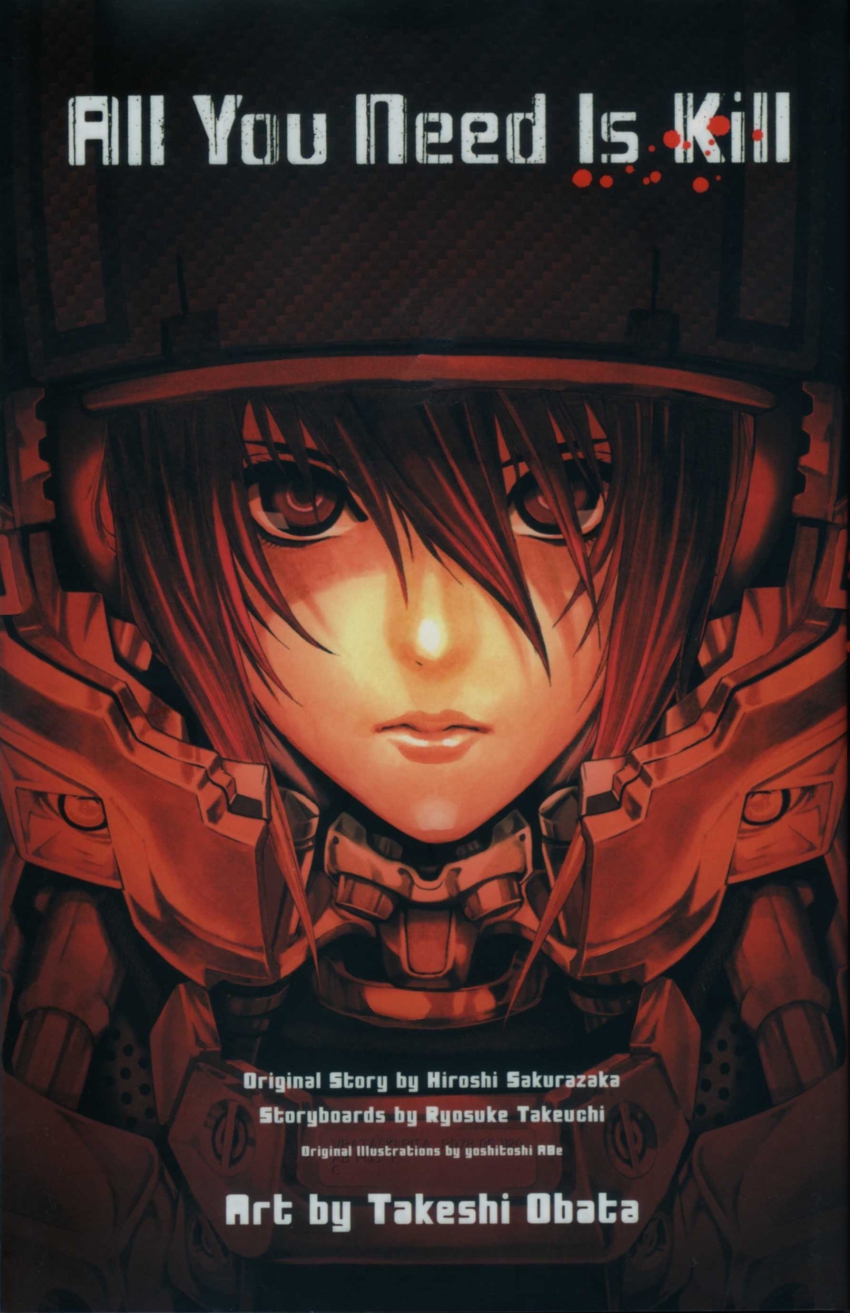 1girl absurdres all_you_need_is_kill armor artist_name blood blood_splatter bob_cut bodysuit closed_mouth copyright_name english_text female_focus hair_between_eyes hair_over_eyes helmet highres looking_at_viewer machinery obata_takeshi official_art portrait power_armor red_eyes red_hair red_lips red_theme rita_vrataski serious shade solo tsurime