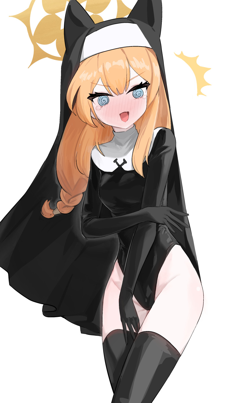 @_@ absurdres animal_ears blue_archive bonefire0909 braid flustered gloved_sleeves groin halo hat highres justina_follower_(blue_archive) leotard mari_(blue_archive) nun open_mouth orange_hair single_braid solo thighhighs thighs wide_hips