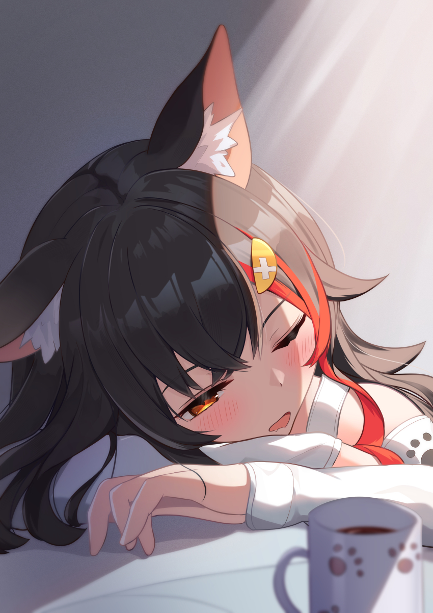 1girl absurdres akuame_(ring3922) animal_ears arms_on_table black_hair coffee_mug cup highres hololive light long_hair mug one_eye_closed ookami_mio ookami_mio_(casual) orange_eyes sleepy virtual_youtuber wolf_ears