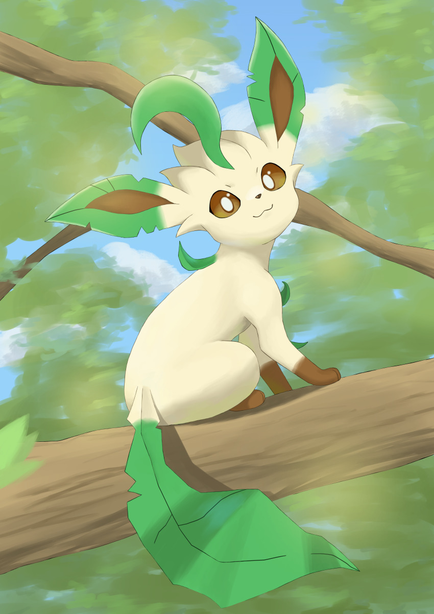 absurdres animal_focus bright_pupils brown_eyes closed_mouth commentary creatures_(company) game_freak gen_4_pokemon highres jira_(ziraiya26) leafeon looking_at_viewer nintendo no_humans outdoors pokemon pokemon_(creature) shadow sitting smile solo tail white_pupils