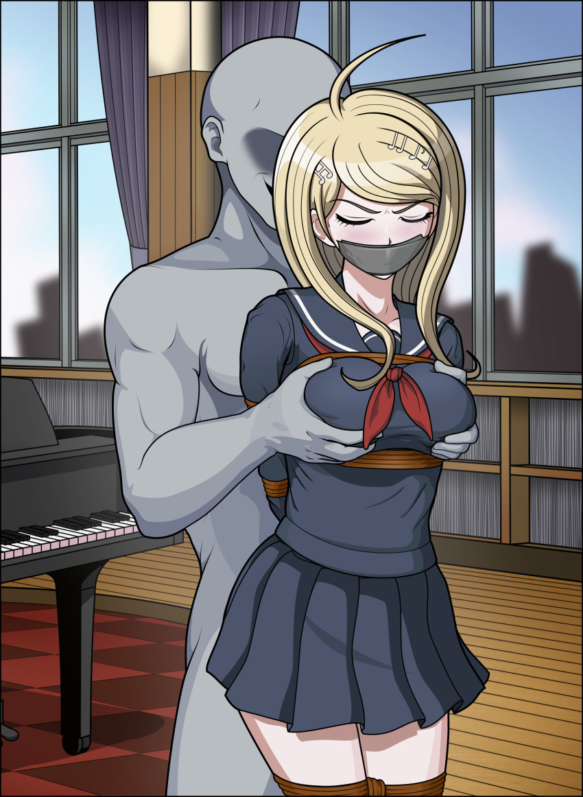 1boy 1girl absurdres ahoge akamatsu_kaede arms_behind_back bdsm black_sailor_collar black_serafuku black_shirt black_skirt blonde_hair bondage bound bound_legs closed_eyes danganronpa:_trigger_happy_havoc danganronpa_(series) faceless faceless_male fortissimo gag grabbing_another&#039;s_breast grabbing_from_behind grin groping hair_ornament highres improvised_gag indoors instrument just_some_guy long_hair musical_note musical_note_hair_ornament neckerchief official_alternate_costume piano red_neckerchief rope sailor_collar school_uniform serafuku shibari shirt skirt smile standing tape tape_gag teeth window