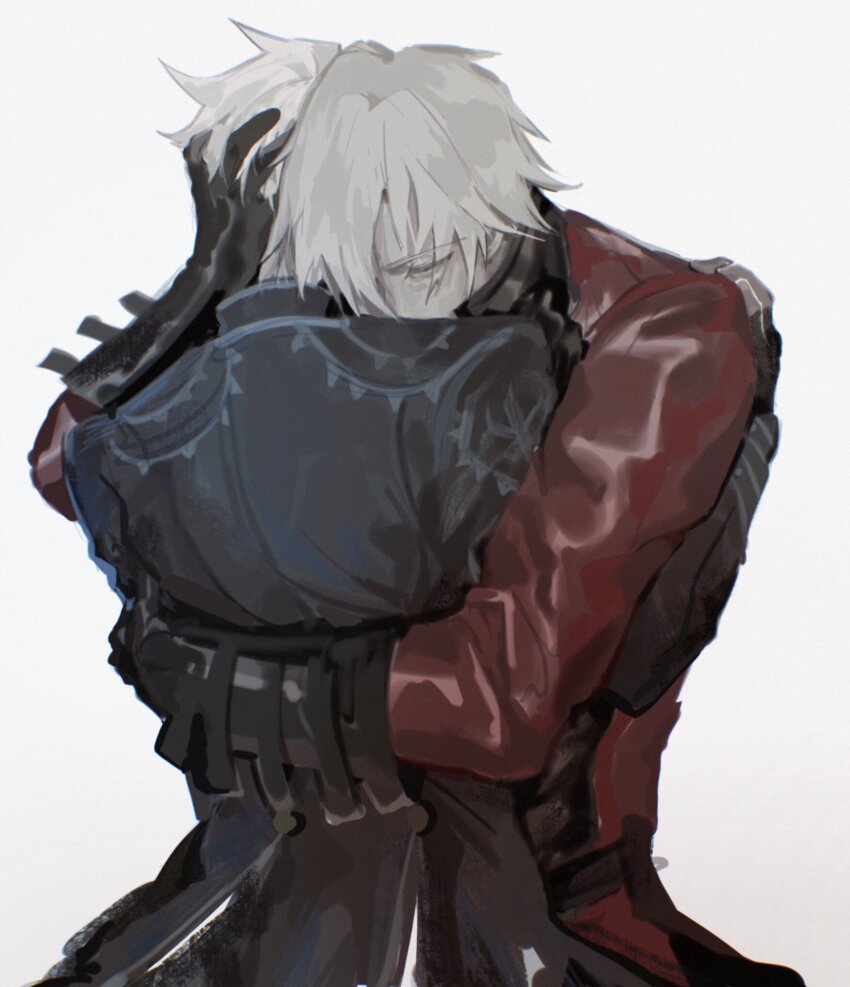 2boys black_gloves blue_eyes blue_jacket dante_(devil_may_cry) devil_may_cry devil_may_cry_(series) devil_may_cry_2 devil_may_cry_5 downcast_eyes gloves hair_between_eyes hand_on_another&#039;s_back hand_on_another&#039;s_head hand_on_another&#039;s_shoulder highres hug jacket male_focus multiple_boys one_eye_covered red_jacket simple_background spiked_hair upper_body vergil_(devil_may_cry) watergrass2814 white_background white_hair