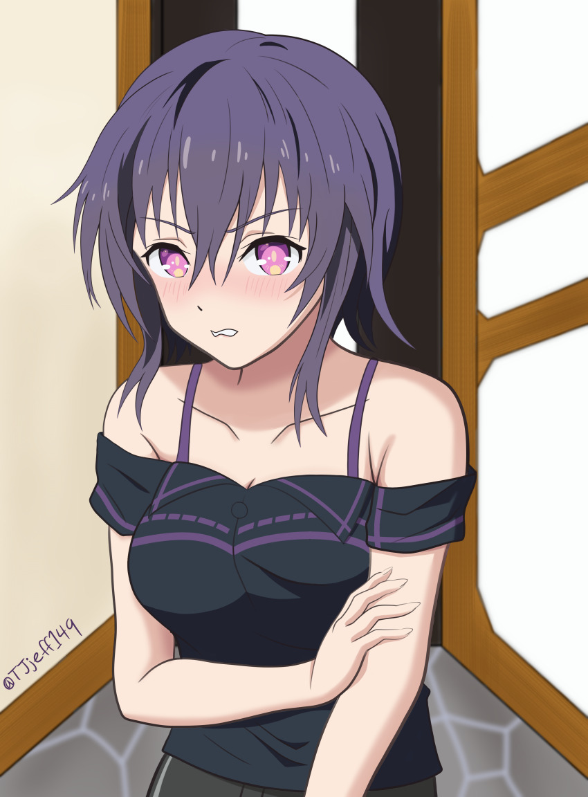 1girl angry blush breasts date_a_live looking_at_viewer medium_breasts purple_eyes purple_hair short_hair solo trajon variant_set yatogami_tenka