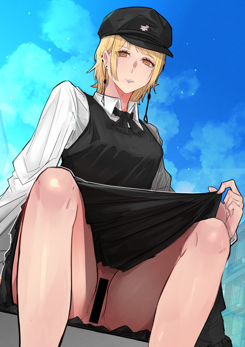 1girl absurdres atheru333 bar_censor black_dress black_hat black_ribbon blonde_hair blue_sky brown_eyes censored chainsaw_man clothes_lift collared_shirt day dress dress_lift earrings fami_(chainsaw_man) fourth_east_high_school_uniform hat highres jewelry lifting_own_clothes long_sleeves mole mole_under_eye mole_under_mouth multiple_moles neck_ribbon no_panties outdoors peaked_cap pinafore_dress pussy ribbon ringed_eyes school_uniform shirt short_hair sky sleeveless sleeveless_dress solo white_shirt