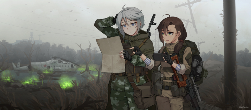 2girls absurdres ahoge aircraft arm_behind_head arm_up backpack bag blue_eyes brown_hair brown_jacket brown_pants camouflage camouflage_jacket camouflage_pants closed_mouth commentary day english_commentary freckles gas_mask green_eyes green_jacket green_pants grey_hair gun hair_between_eyes hair_over_shoulder helicopter highres holding holding_map jacket long_hair low_ponytail map mask multiple_girls ndtwofives original outdoors overcast pants parted_lips ponytail power_lines radioactive rifle sky sniper_rifle stalker_(game) twitter_username unworn_mask utility_pole vss_vintorez weapon wreckage