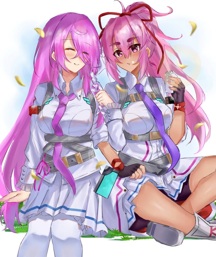 2girls absurdres arm_hug belt braid breasts chest_harness dark_skin hair_over_one_eye happy harness heaven_burns_red highres kura_satomi large_breasts lidce locked_arms long_hair multiple_girls necktie pink_hair ponytail red_eyes ribbon shirt smile tsukishiro_monaka very_long_hair white_belt white_shirt yuri