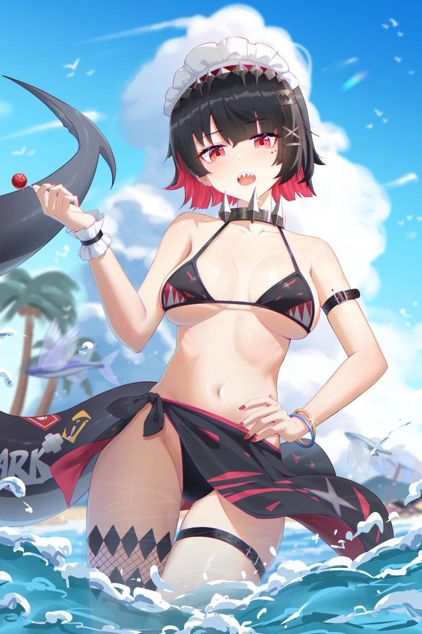 absurdres bare_shoulders bikini black_bikini black_choker black_hair black_sarong blue_sky breasts candy choker colored_inner_hair ellen_joe fins fish_tail food highres holding holding_candy holding_food holding_lollipop large_breasts lollipop looking_at_viewer maid_headdress multicolored_hair navel ningjuice open_mouth partially_submerged red_eyes red_hair red_nails sarong shark_girl shark_tail shark_tooth short_hair sky stomach summer swimsuit tail thigh_strap thighs two-tone_hair zenless_zone_zero