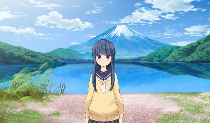 1girl blue_hair blue_sailor_collar blue_sky cinderella_series cloud game_cg grey_skirt hachigatsu_no_cinderella_nine hair_down highres lake long_hair long_sleeves motosu_school_uniform mount_fuji mountain neckerchief non-web_source official_art outdoors pleated_skirt purple_eyes reflection reflective_water sailor_collar school_uniform serafuku shima_rin skirt sky solo standing sweater water white_neckerchief yellow_sweater yurucamp