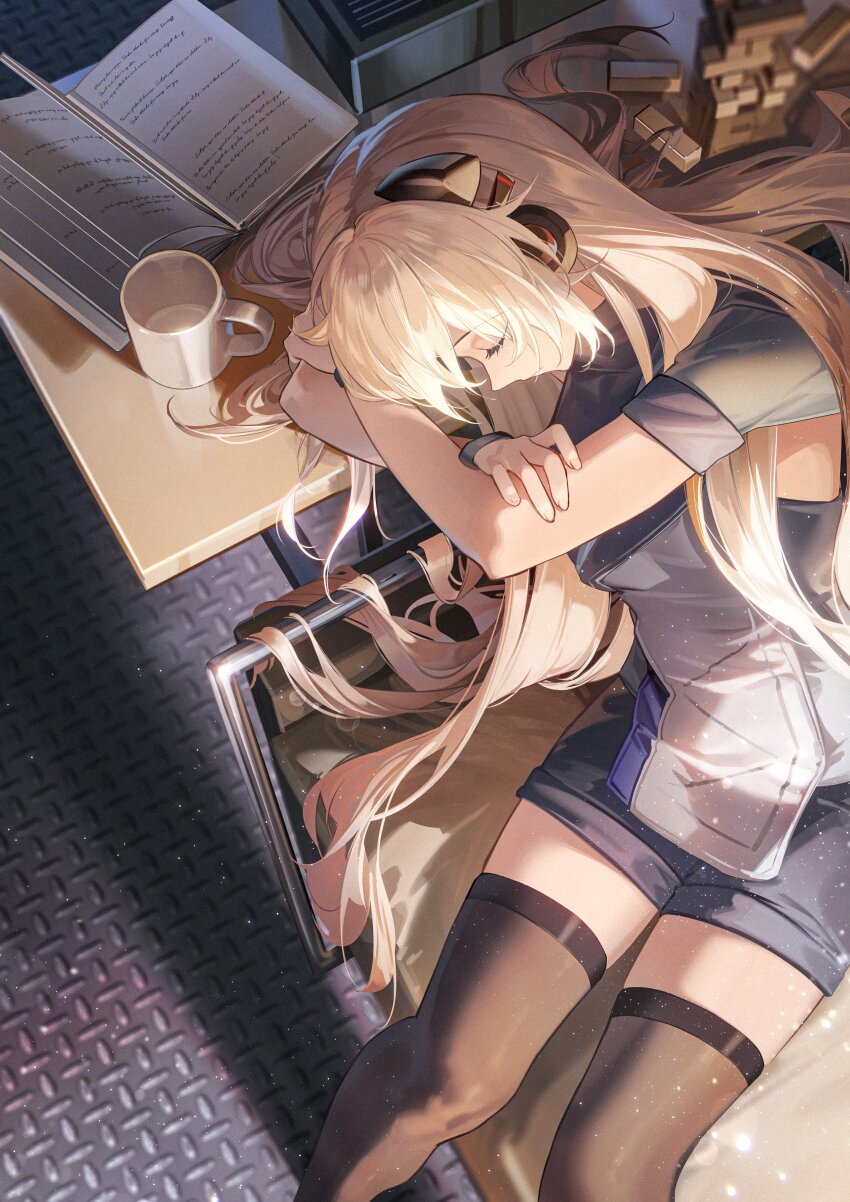 1girl absurdres alternate_costume bed blonde_hair book bracelet breasts closed_eyes closed_mouth coffee_mug commission cup dress g3_(girls&#039;_frontline) girls&#039;_frontline hair_ornament highres jenga jewelry long_hair medium_breasts mug open_book pixiv_commission rff_(3_percent) short_sleeves sleeping solo thighhighs very_long_hair