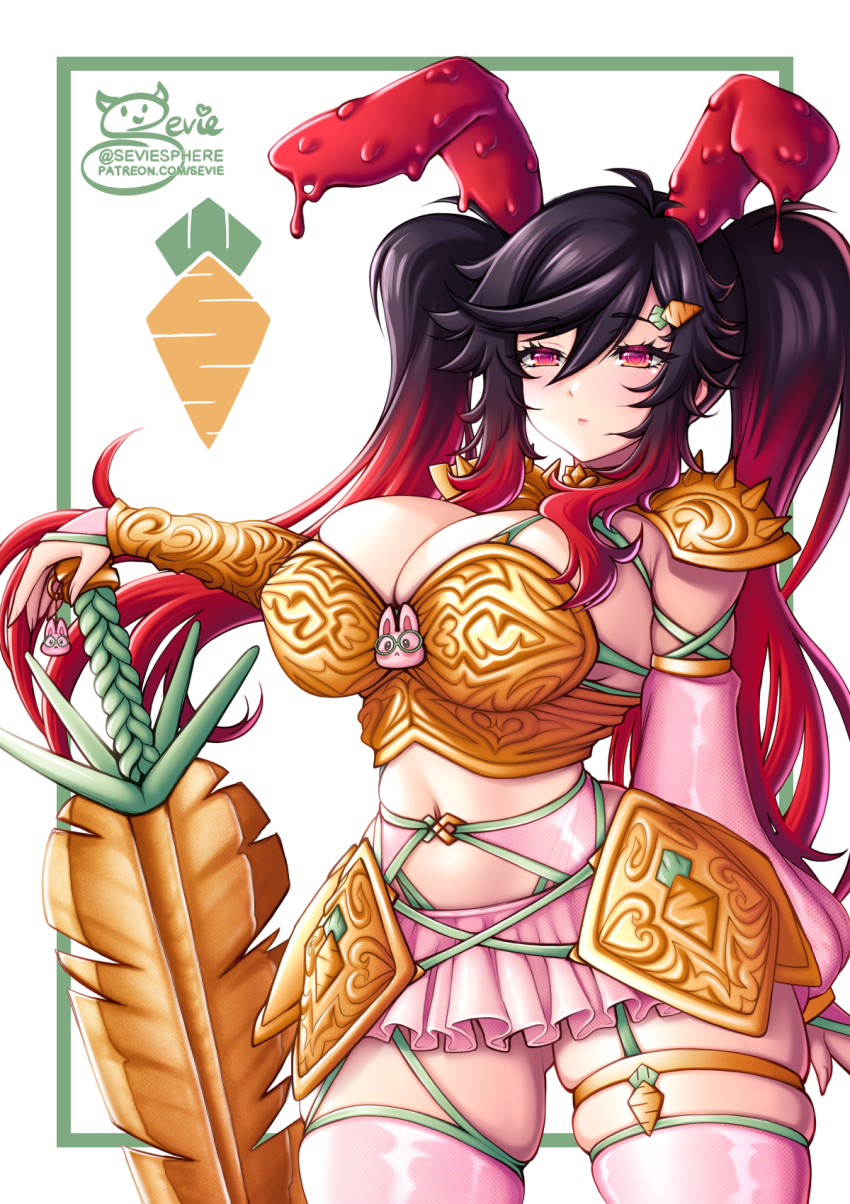 1girl animal_ears armor bikini_armor black_hair bracer breasts carrot_hair_ornament detached_sleeves food-themed_hair_ornament gradient_hair hair_between_eyes hair_ornament heart heart-shaped_pupils highres hip_armor huge_breasts long_hair miniskirt multicolored_hair original pink_thighhighs rabbit_ears red_eyes red_hair revealing_clothes sevie shoulder_armor single_detached_sleeve skirt solo suco_(sevie) sword symbol-shaped_pupils thighhighs twintails weapon