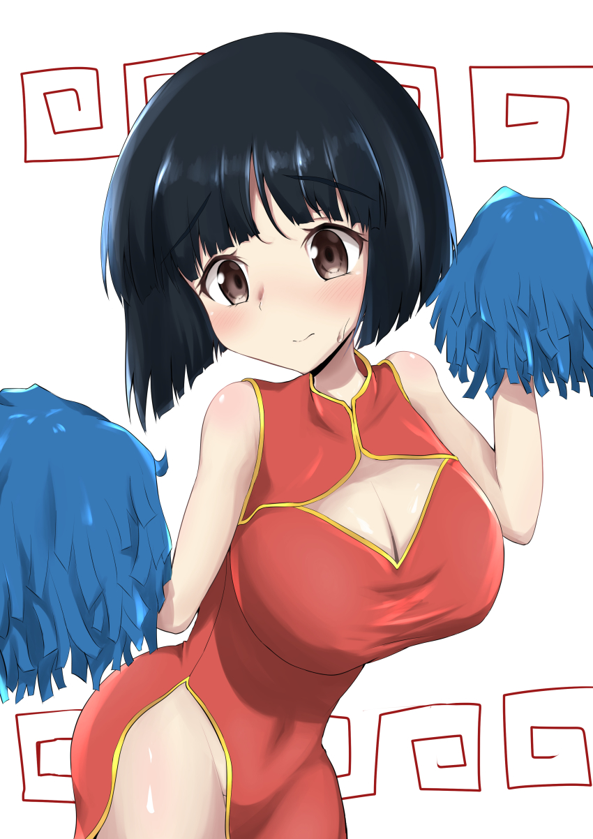 1girl absurdres alternate_costume black_hair blunt_bangs blunt_ends blush bob_cut breasts brown_eyes china_dress chinese_clothes cleavage dress girls_und_panzer gotou_moyoko highres large_breasts naopon918 pom_pom_(cheerleading) short_hair solo