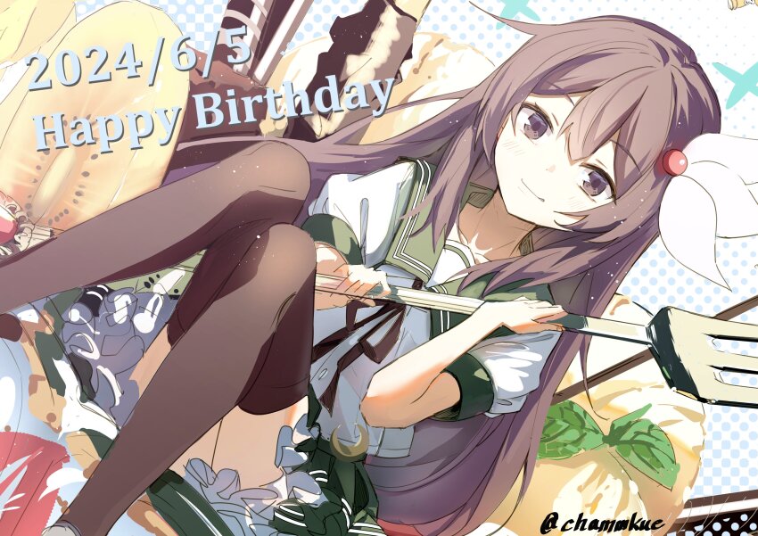 1girl absurdres black_thighhighs brown_eyes brown_hair chamu_(chammkue) dessert dutch_angle feet_out_of_frame food fork green_sailor_collar green_skirt hair_ornament happy_birthday highres kantai_collection kisaragi_(kancolle) oversized_object sailor_collar school_uniform serafuku sitting skirt smile solo thighhighs twitter_username