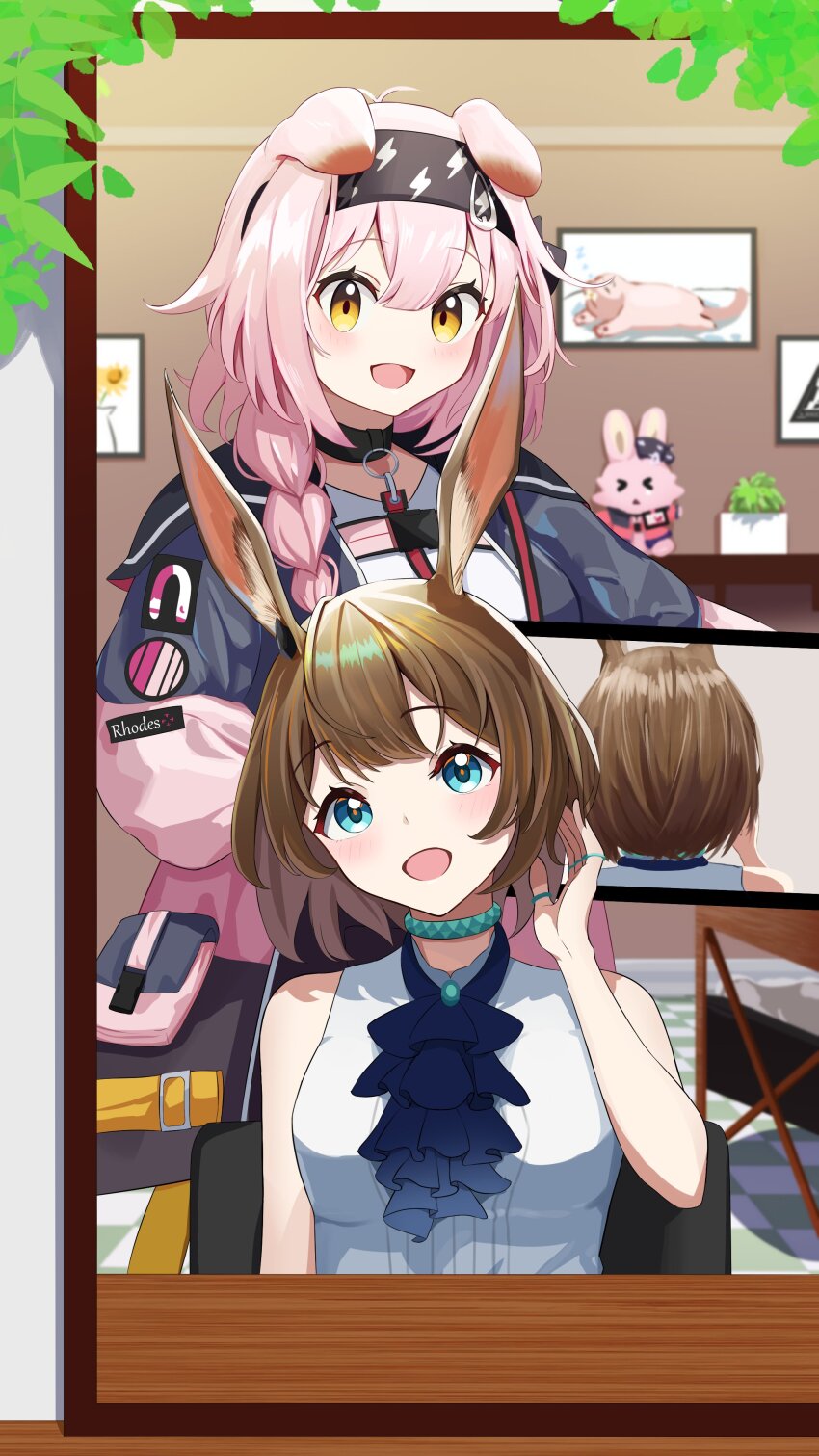 2girls :d absurdres alternate_hairstyle amiya_(arknights) animal_ears aoyama_kou arknights ascot bare_shoulders blue_choker blue_eyes braid breasts brown_hair cat_ears choker choshanland_plushy_(arknights) coat commentary_request goldenglow_(arknights) hair_between_eyes hairband head_tilt highres holding holding_mirror indoors jacket jewelry long_hair long_sleeves medium_breasts mirror multiple_girls open_clothes open_jacket open_mouth orange_eyes pink_coat pink_hair pink_jacket plant potted_plant puffy_long_sleeves puffy_sleeves rabbit_ears reflection ring shirt side_braid single_braid sleeveless sleeveless_shirt smile stuffed_animal stuffed_rabbit stuffed_toy white_shirt yellow_eyes