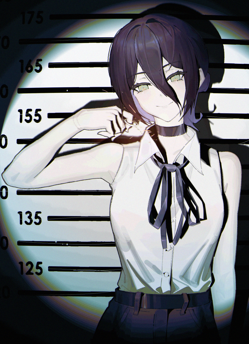 1girl black_choker black_hair black_ribbon black_shorts chainsaw_man choker closed_mouth green_eyes grenade_pin hair_between_eyes height_chart highres josephbonanno9 mugshot neck_ribbon reze_(chainsaw_man) ribbon shirt shorts sleeveless sleeveless_shirt smile solo white_shirt