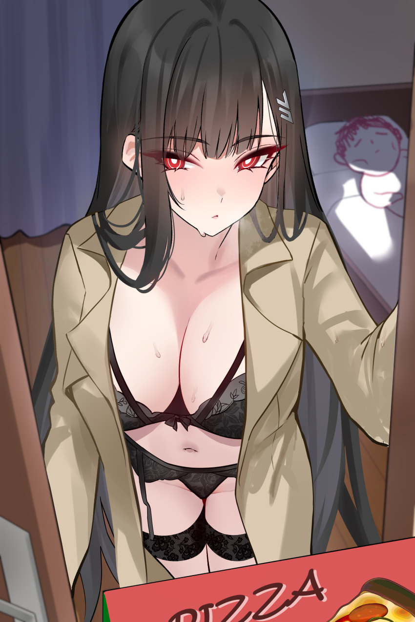 1boy 1girl absurdres black_bra black_garter_belt black_panties blue_archive blush bra breasts bright_pupils brown_coat cleavage closed_mouth coat collarbone commentary doodle_sensei_(blue_archive) doorway english_commentary garter_belt guy_tired_after_sex_(meme) hair_ornament hairclip highres large_breasts lingerie long_hair long_sleeves looking_at_viewer meme navel open_clothes open_coat paid_reward_available panties pizza_box pov_doorway red_eyes rio_(blue_archive) sensei_(blue_archive) shigure_s solo_focus standing underwear white_pupils