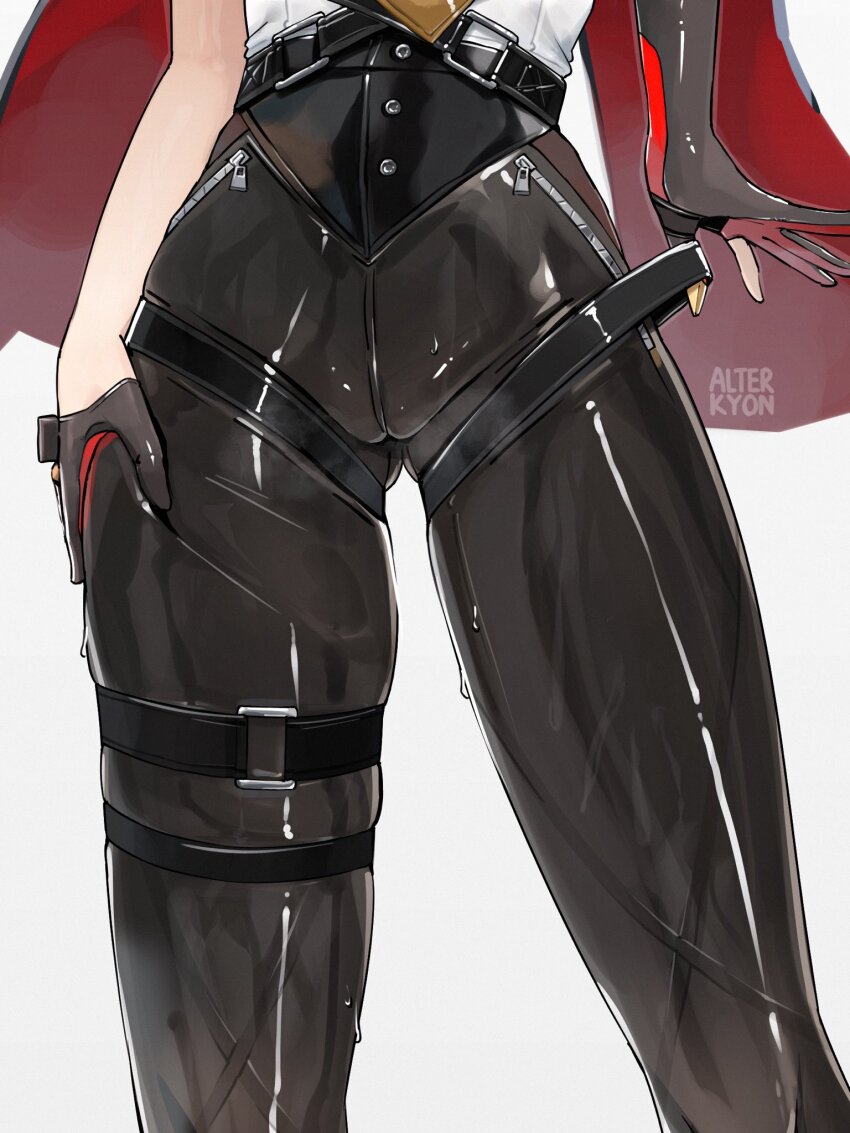 1girl alterkyon artist_name black_gloves black_pants evelyn_chevalier gloves hand_on_own_leg highres legs lower_body out_of_frame pants partially_fingerless_gloves simple_background solo white_background zenless_zone_zero