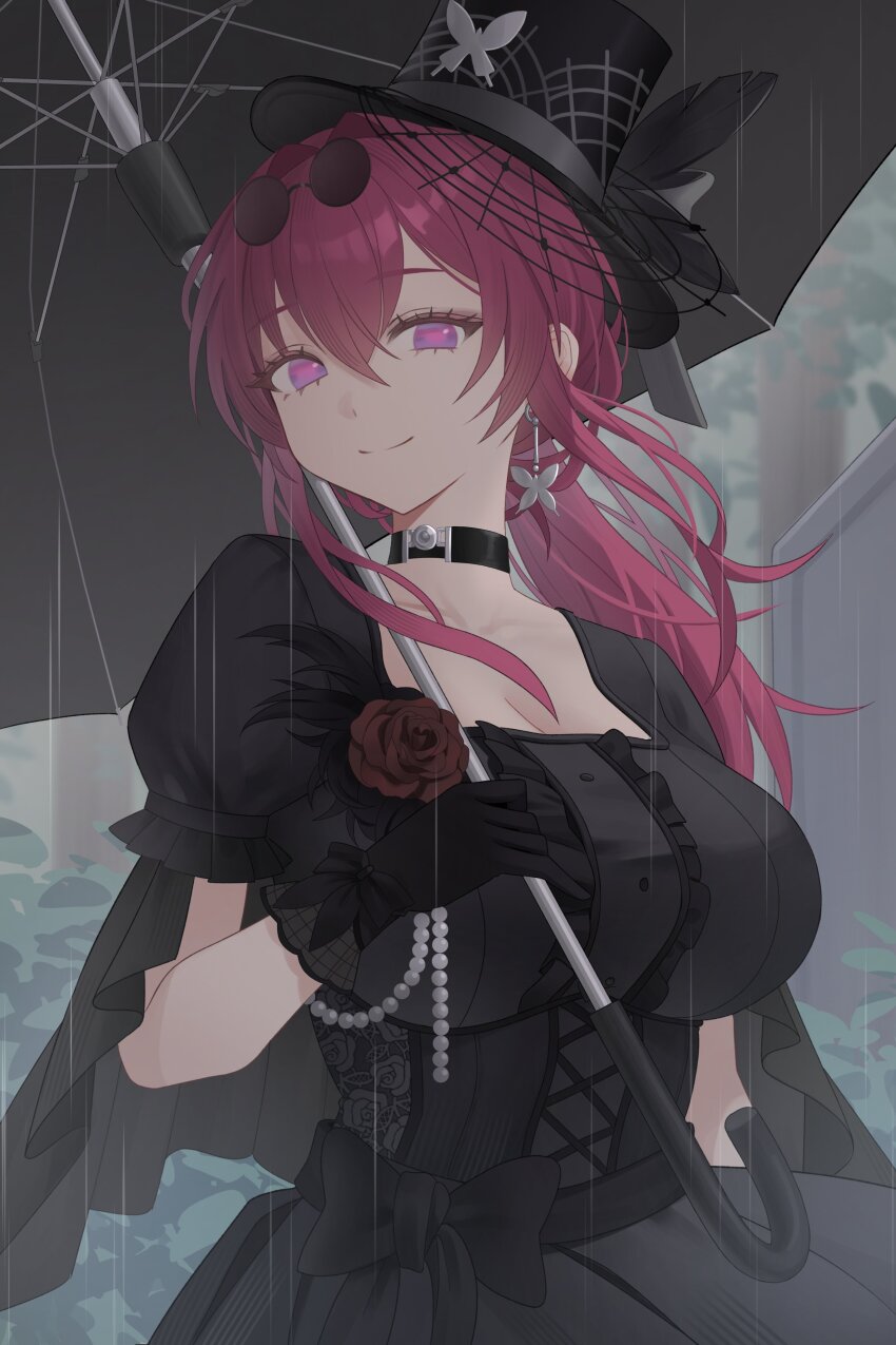 1girl absurdres alternate_costume black_dress black_gloves black_umbrella breasts cleavage closed_mouth commentary dalmo_(pafe2444) dress earrings eyewear_on_head glasses gloves hat highres honkai:_star_rail honkai_(series) jewelry kafka_(honkai:_star_rail) large_breasts long_hair pince-nez purple_eyes purple_hair rain smile solo symbol-only_commentary top_hat umbrella umbrella_over_shoulder upper_body