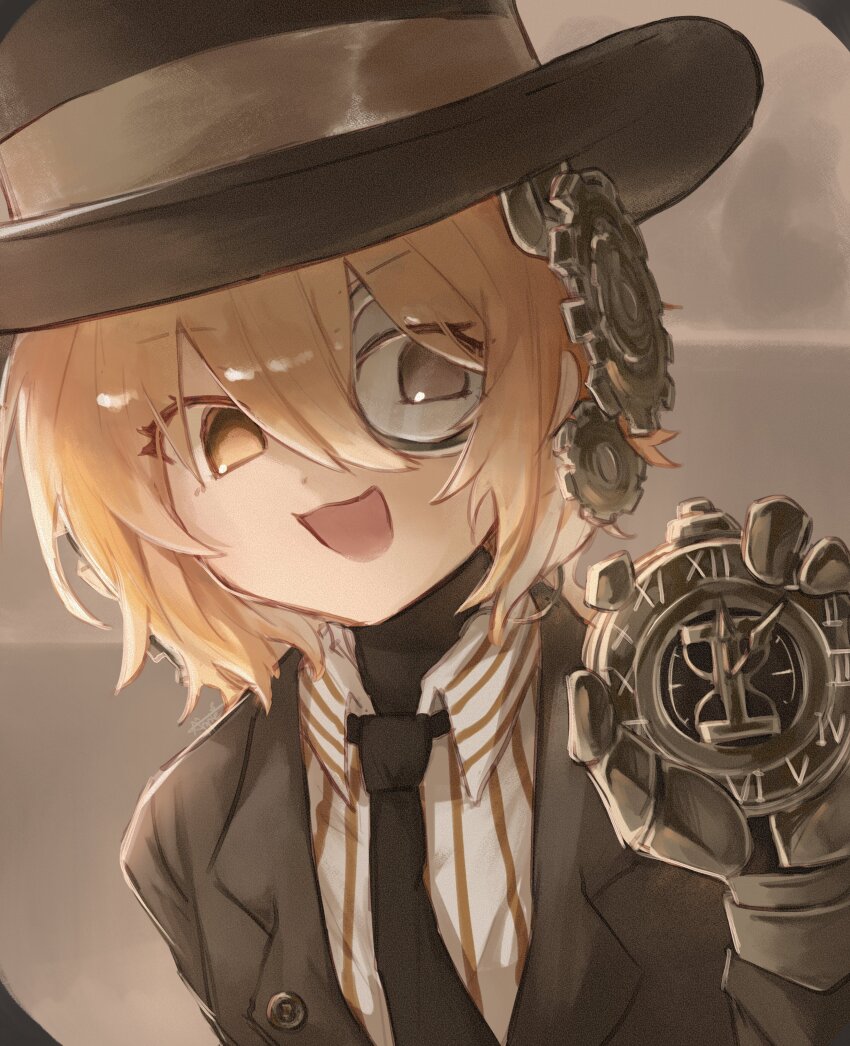 1girl absurdres black_necktie blonde_hair brown_hat brown_jacket collared_shirt don_quixote_(project_moon) gauntlets gear_hair_ornament hat highres holding holding_pocket_watch jacket lapels limbus_company long_sleeves monocle necktie niioys notched_lapels open_mouth pocket_watch project_moon shirt short_hair smile solo striped_clothes striped_shirt t_corp._(identity)_(project_moon) top_hat underwear watch