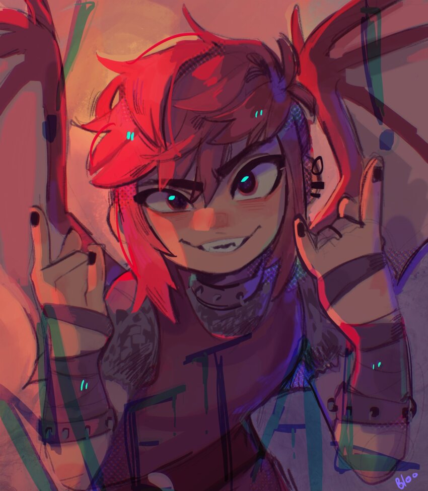 1girl bluebiscuits collar dragon_wings ear_piercing grin highres looking_at_viewer nimona nimona_(character) piercing pink_hair red_eyes red_tunic sharp_teeth short_hair short_hair_with_long_locks sketch smile teeth tunic wings