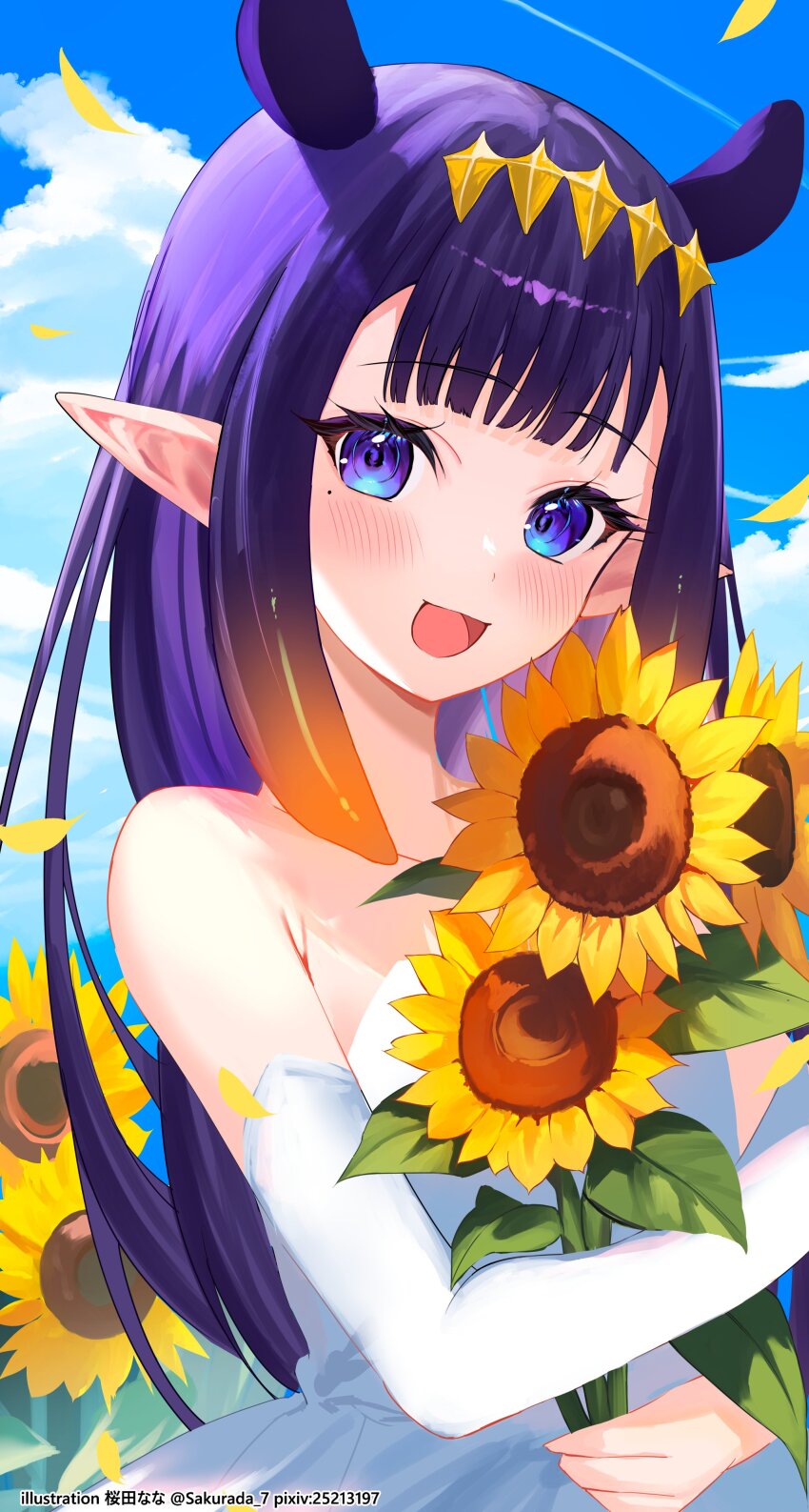 1girl absurdres alternate_costume blue_eyes blue_sky cloud dress field flower flower_field highres holding holding_flower hololive hololive_english long_hair looking_at_viewer mole mole_under_eye ninomae_ina&#039;nis open_mouth pointy_ears purple_hair sakurada_nana sky smile solo sunflower sunflower_field tentacle_hair virtual_youtuber white_dress