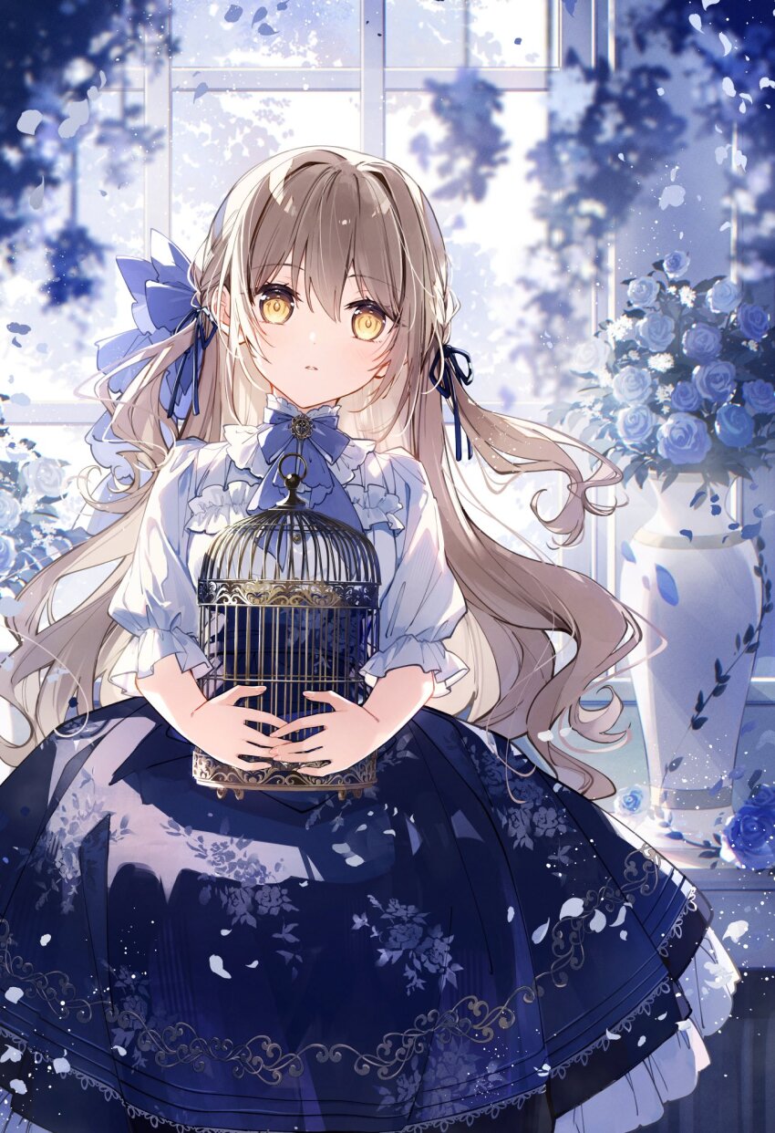 1girl birdcage black_ribbon blue_flower blue_ribbon blue_rose blue_skirt blurry blurry_foreground brown_eyes brown_hair cage commentary_request depth_of_field flower frilled_skirt frills hair_between_eyes hair_ribbon highres holding long_hair mochizuki_shiina original puffy_short_sleeves puffy_sleeves ribbon rose shirt short_sleeves skirt solo two_side_up vase very_long_hair white_shirt window